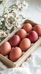 Elegant Easter composition with artisanal decorated eggs and fresh spring flowers on a trendy background. Perfect for social media marketing and business.