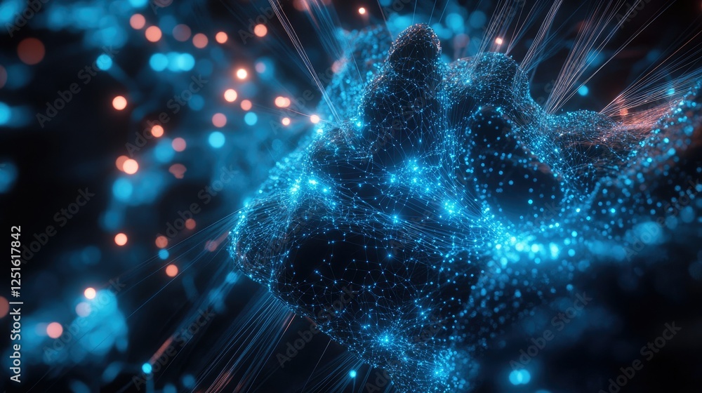 Poster a futuristic digital network with glowing blue nodes and connected lines, symbolizing technology and