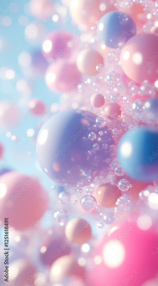 Poster colorful orbs rise and float in a serene background of soft blue, creating a dreamy atmosphere of wh