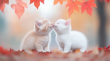Adorable baby cats sharing a loving kiss under a tree. Sweet British Shorthair kittens kissing.