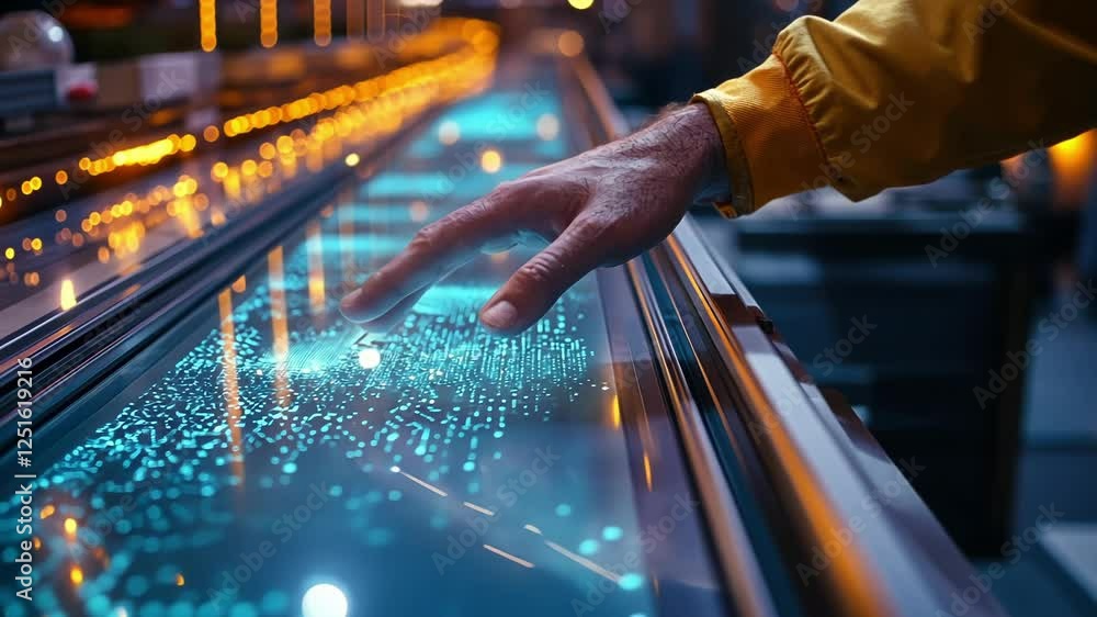 Poster engineer's hand gliding over a futuristic interactive control panel, illuminating glowing blue data 