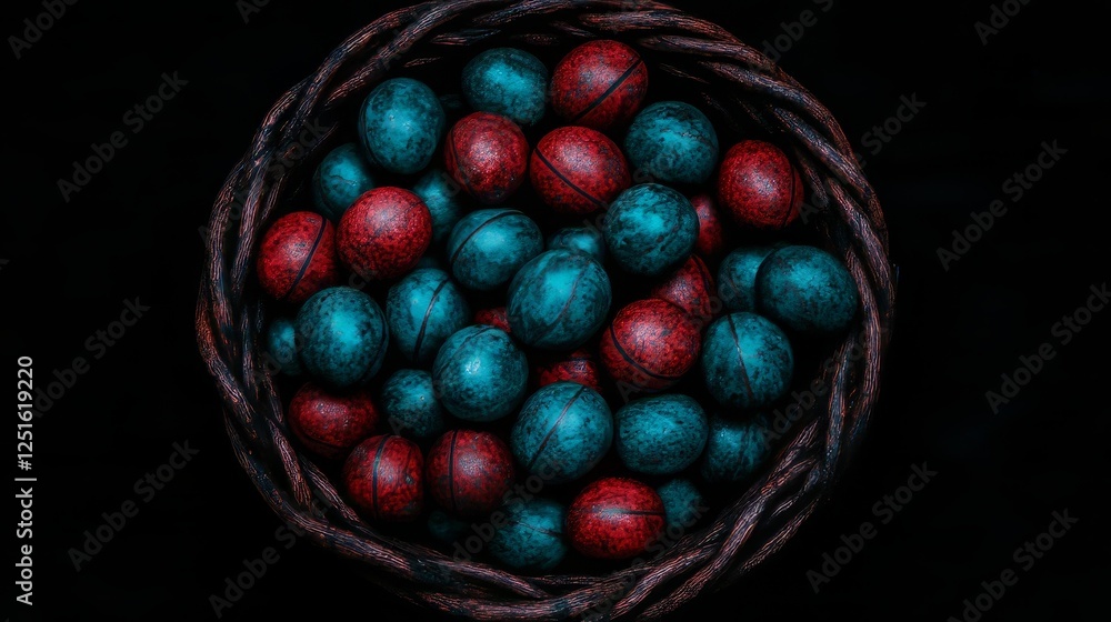 Poster colorful spheres in woven container filled with blue and red round objects patterned surface.