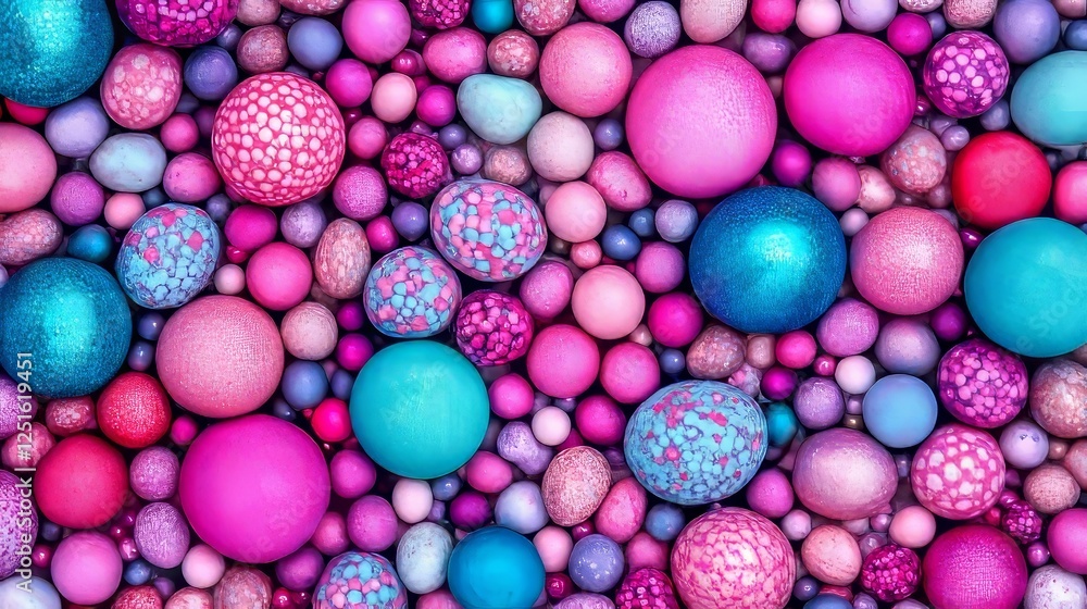 Poster colorful spheres with mottled patterns displayed in a group with pink and blue tones.