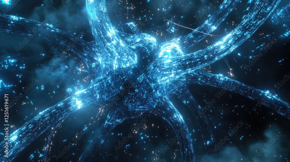 Poster a high-tech visualization of a network structure with dynamic connections and glowing blue elements.