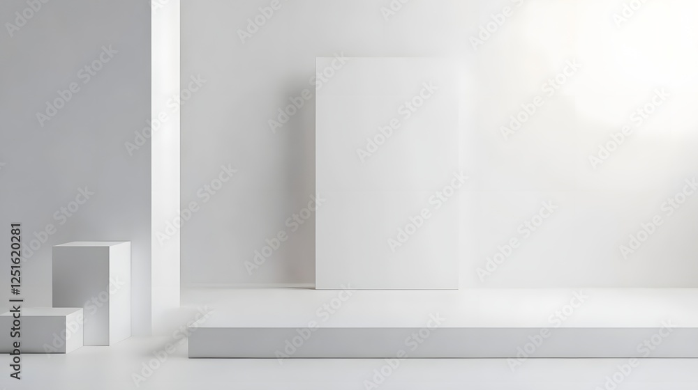 Poster minimalist architectural arrangement with abstract geometric cubes and prisms in white and gray inte