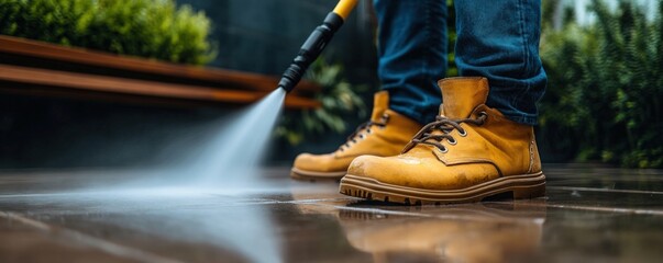 Person power washing patio; boots, plants blur