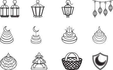 Ramadan Kareem Islamic Festival Icons Set of Hanging Lanterns Cakes and Crescent Moons