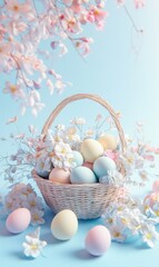 Soft pastel Easter eggs nestled in a woven basket surrounded by delicate spring blossoms and a serene blue backdrop. Stories Template for Easter.