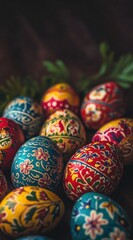 Fototapeta premium Colorful hand-painted eggs display vibrant artistry during a festive spring celebration. Stories Template for Easter.