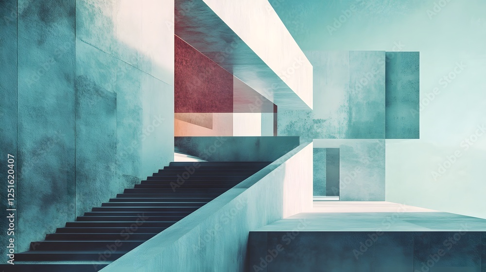 Poster minimalist architectural staircase in concrete building corridor