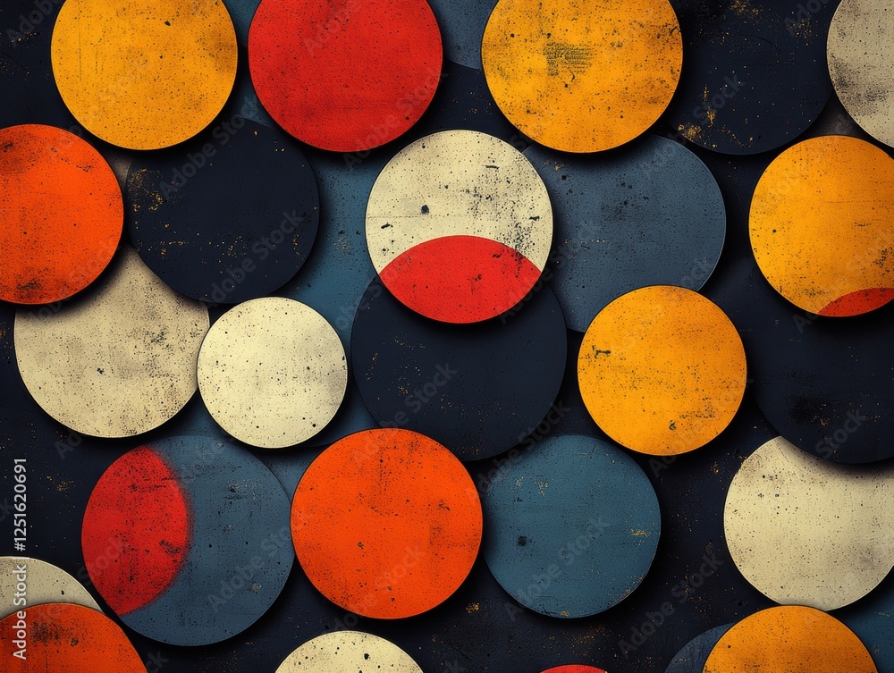 Poster abstract arrangement of colorful circles on a textured background.