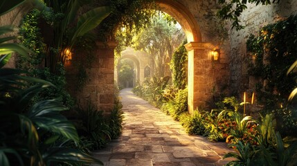 A magical, softly lit path enclosed by historic stone arches and vibrant greenery, leading to a hidden retreat.