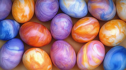 Colorful Swirled Pattern Easter Eggs Arranged In A Grid Pattern On A Plain Surface.