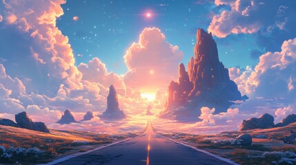 A Scenic Road Leading To Mountains At Sunset Under Colorful Clouds And Sky with Vivid Colors and Light Effects. A Dreamlike Landscape of Tranquility
