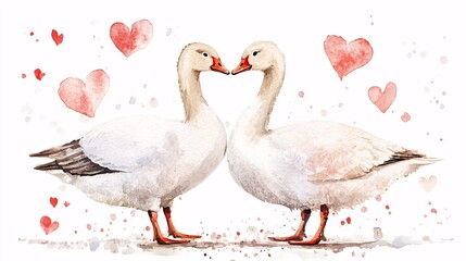 Obraz premium Watercolor Illustration of a Couple of Geese for Valentine's Day
