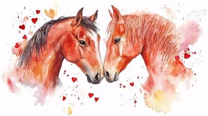 Watercolor Horses Embrace for Romantic Valentine's Day Artwork