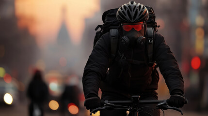 cyclist wearing anti pollution mask rides through city at sunset