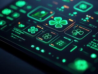 Obraz premium A glowing touchscreen interface with clovershaped buttons and vibrant green lights