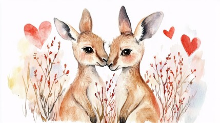 Romantic Watercolor Illustration of Couple Kangaroos for Valentine's Day