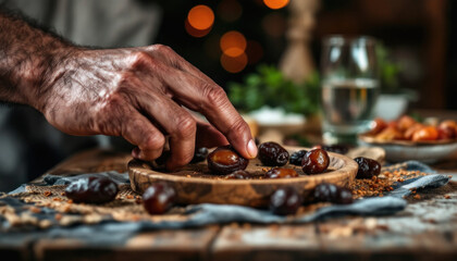 A Man's Hand Carefully Selecting Dates from a Wooden Platter