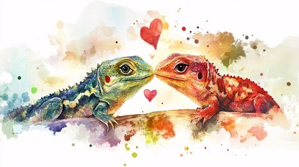 Naklejka premium Watercolor Artwork of Couple Lizard for Valentine's Day Concept