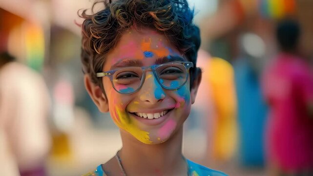 Indian child with colorful holi paint on face smiling at Holi Festival celebration. Cultural traditions for Diwali, Holi, Indian New Year, Spring Festival, Basant