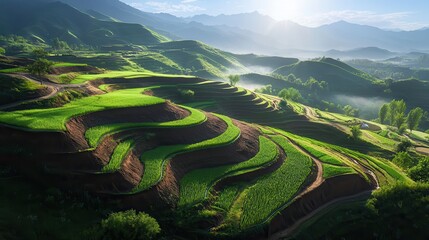 Environmental activism for wildlife conservation. Lush terraced fields under sunlight with mountains in the background.