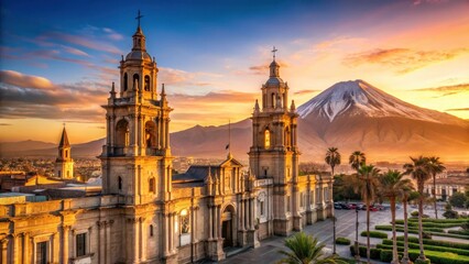 Naklejka premium Historic Cathedral in Arequipa at sunset with Andean mountains , historic building