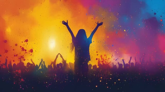 Group of dancing silhouettes on colorful abstract background. Fun party crowd for Spring festival, Holi, Spring break, Carnival celebration