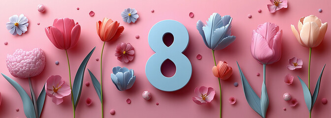 A vibrant number eight 8 with tulips and roses on pink celebrating Women's Day, emphasizing beauty and elegance in creative design