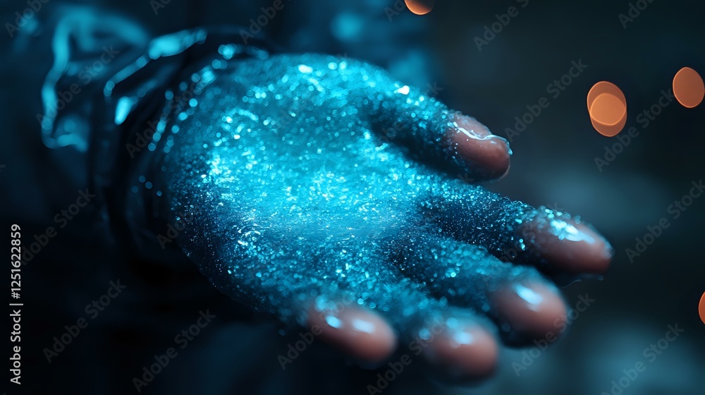 Poster glowing blue magical particles floating above open palm in dark setting with bokeh lights, creating 