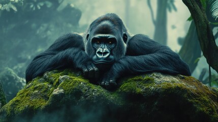 A powerful gorilla resting on a moss-covered rock in the jungle, its deep eyes filled with wisdom, while mist rises in the background of the dense rainforest