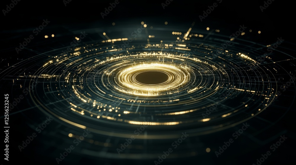 Poster concentric circles glowing in abstract technology space with luminous circular lines.