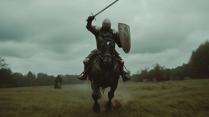 A Knight in Armor Galloping into Battle – Epic Horseback Charge with Sword Raised, Perfect for Fantasy, Medieval, and Adventure Themes