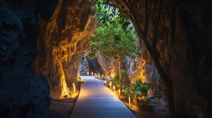 A peaceful, tree-lined pathway inside a cave, bathed in soft, warm lighting, creating a dreamy and serene atmosphere.