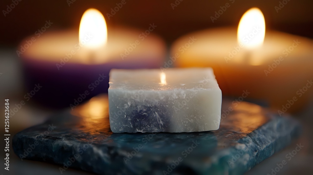 Poster glowing white candle on dark stone surface creates atmospheric mood lighting with soft bokeh effect 