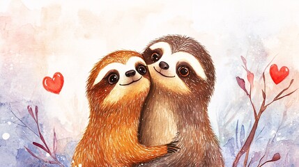 Obraz premium Adorable Watercolor Couple Sloths Embracing for Valentine's Day