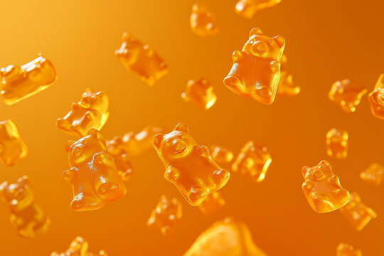 Orange gummy bears floating in air on a vibrant yellow background. Gummy bear candies suspended in mid-air over bright orange backdrop. Sweets and happy childhood concept.