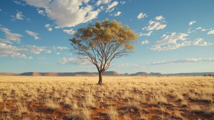 Obraz premium A powerful image of drought in action, with a lone tree standing in the middle of an arid grassland, its roots struggling to find moisture in the hardened soil