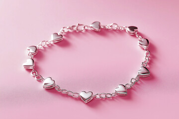 Elegant silver heart bracelet on a soft pink background, romantic design. Delicate heart-shaped bracelet in silver tones, elegance and love symbol on pink. Fashion jewelry, Saint Valentine's Day gift