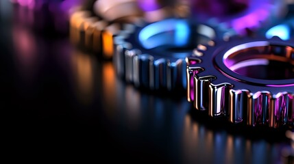 Macro shot of industrial metal gears with colorful neon purple and blue lighting reflection on dark background, showing mechanical engineering and technology concept.