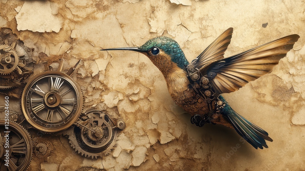 Poster steampunk hummingbird with mechanical gears and intricate design elements