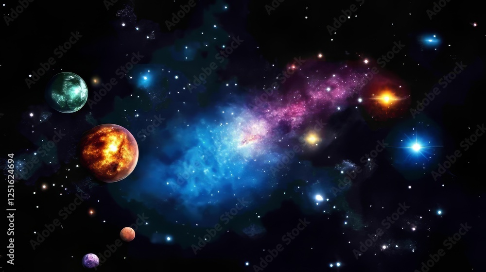 Poster cosmic scene with planets nebulae and stars in distant space with vivid colors and patterns.