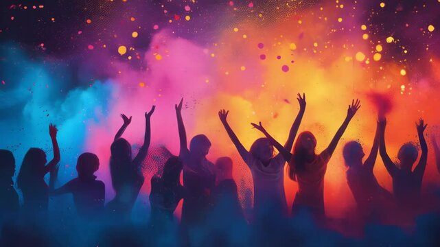 Group of dancing silhouettes on colorful abstract background. Fun party crowd for Spring festival, Holi, Spring break, Carnival celebration