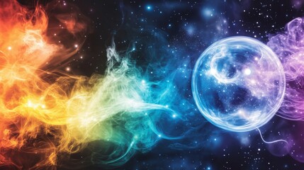 Naklejka premium Cosmic Sphere Nebulae Swirling In Universe With Stars And Colorful Gas Clouds Space Scenery.