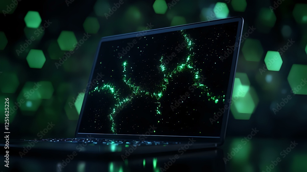 Poster modern laptop displaying glowing green fractal pattern against dark background with bokeh hexagonal 