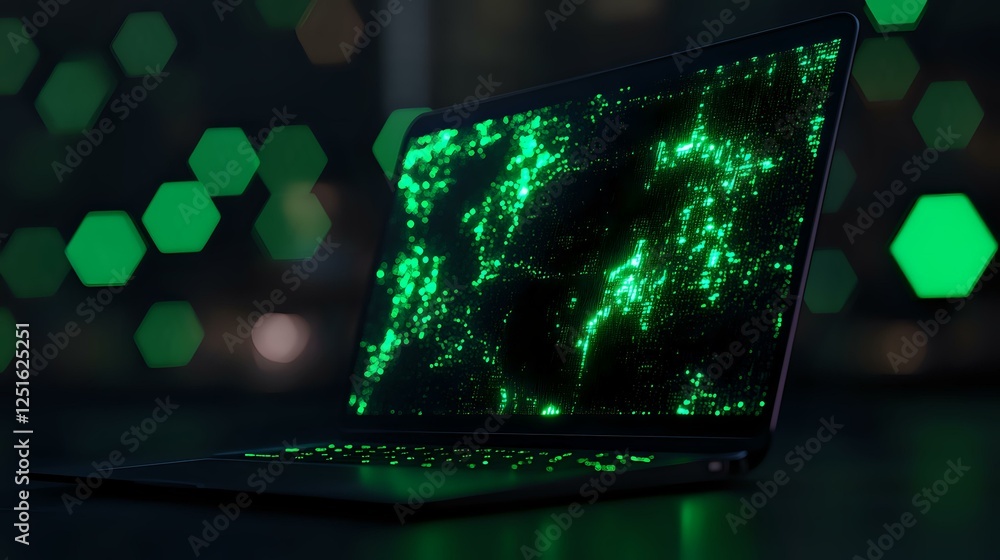 Poster modern laptop displaying glowing green digital world map with hexagonal bokeh background, concept of