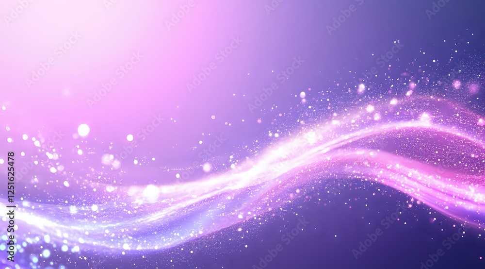 Poster magical glowing pink and purple waves with sparkling particles flowing in space, creating ethereal l