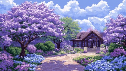 Cottage Surrounded By Purple Blooming Trees And Blue Flowers On A Sunny Day In Spring.