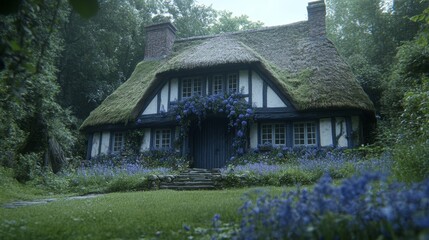 Cottage With Thatched Roof Surrounded By Blue Flowers In The Forest On A Cloudy Day.